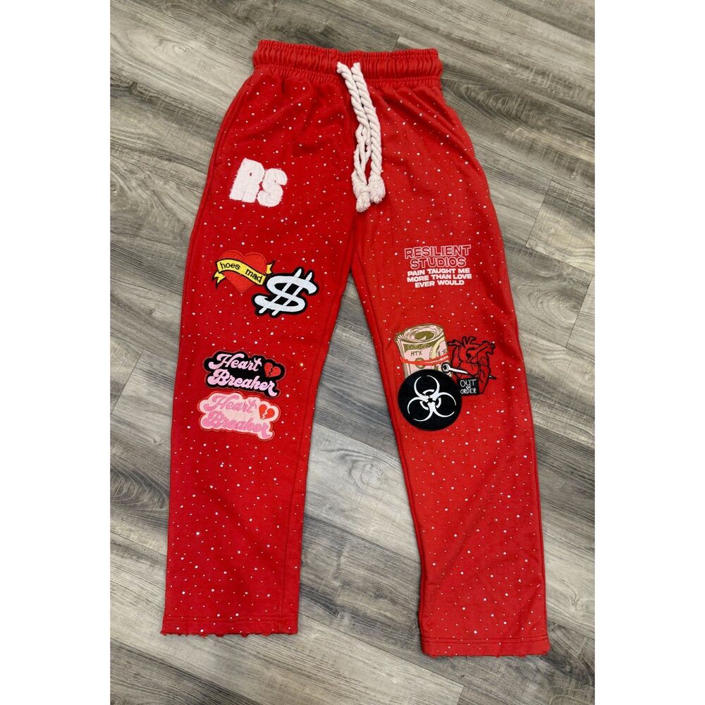 Resilient Studios Rhinestone Zip Sweatpants Red L